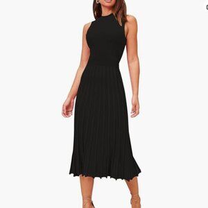Black knit midi dress with pleated skirt